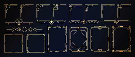 Naklejka premium Collection of geometric art deco ornament. Luxury golden decorative elements with different lines, frames, headers, dividers and borders. Set of elegant design suitable for card, invitation, poster.