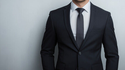 Man in black suit with gray tie against gray background with copy space. Corporate portrait and professional business attire