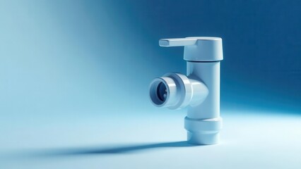 A pristine white plastic plumbing valve, featuring a single lever handle and a threaded connection, stands majestically against a serene light blue backdrop.