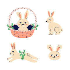 Set of 4 cute Easter bunnies. Happy Easter hand drawn card. Flat illustration with partial outline. Isolated vector illustration.
