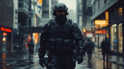 A heavily armored soldier walks through a rainy urban street, with blurred pedestrians and neon lights in the background