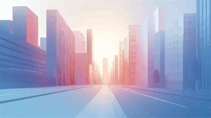 The image depicts a stylized cityscape at sunrise or dawn.  The scene is rendered with a soft, pastel color palette dominated by blues, pinks, and oranges. The perspective is a long shot