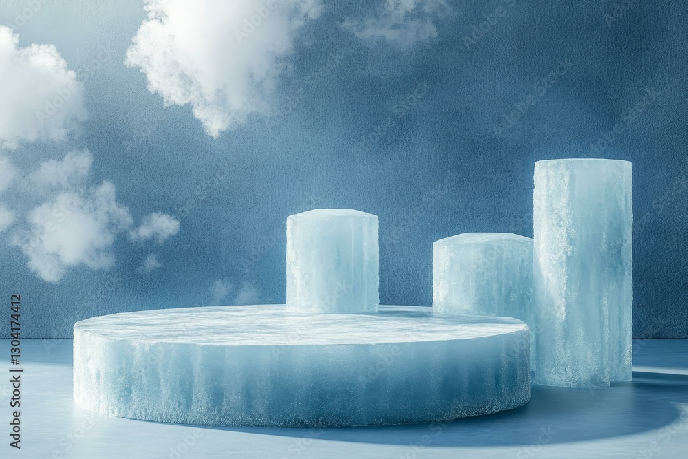 Poster ice sculptures display platform with clouds
