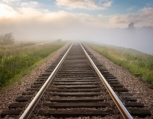 Fototapeta premium Misty railroad tracks stretch into the distance on a tranquil morning near a peaceful countryside landscape