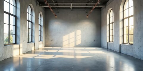 Fototapeta premium Sunlit Industrial Loft Space with Polished Concrete Floor and Large Arch Windows