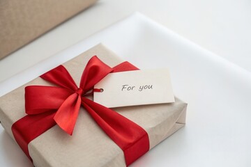 red ribbon gift box with for you card. Elegant personalized present