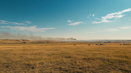 Fototapeta premium Vast open prairie landscape with cloudy sky and distant smoke in horizon