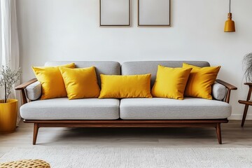 Modern Gray Sofa with Mustard Yellow Pillows