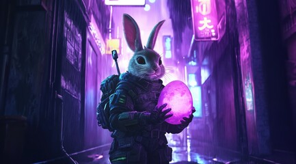 Futuristic Easter Bunny Soldier Holding a Glowing Egg 