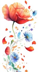 Vibrant floral explosion with poppies and petals in watercolor art