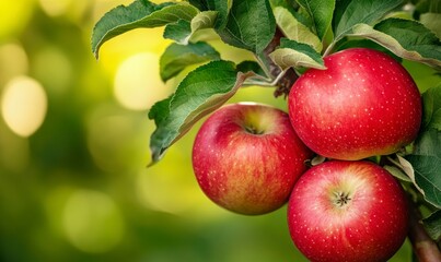 Red apples on a tree branch in an orchard, close-up, with a green background. Summer nature, a healthy food concept