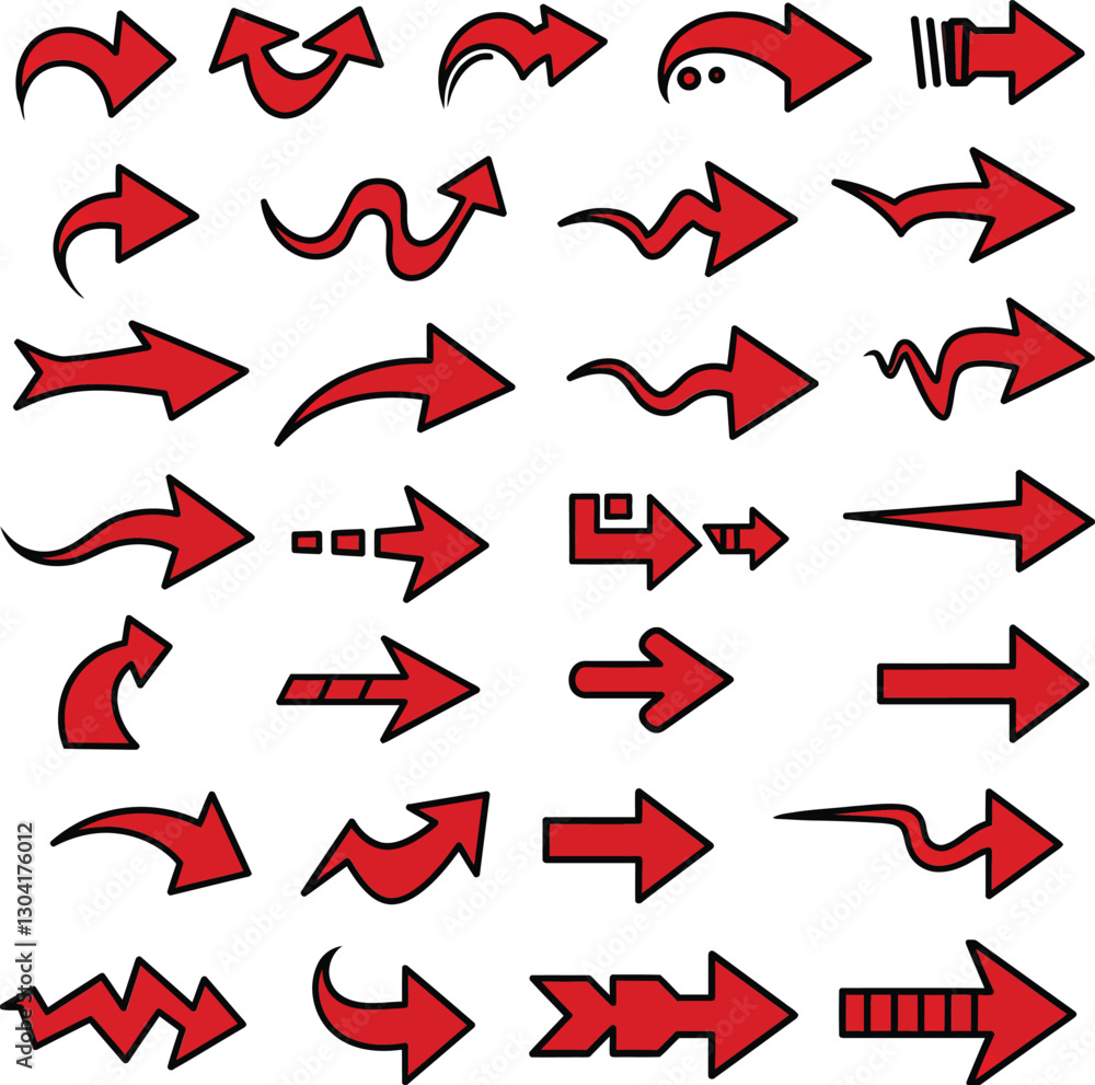 Poster red arrow collection with diverse shapes in minimal style vector art