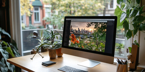 Home office desk with computer displaying scenic urban and floral image