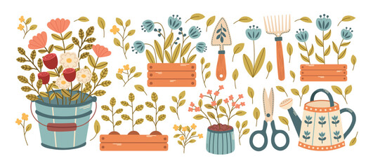 Vintage cottagecore set with garden tools, watering can, trowel, rake, flower beds, leaves, branches, flowers. Botanical gardening cottagecore elements. Vector illustration.