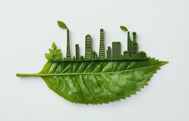 A green leaf with the outline of a city carved on it. The city outline contains elements such as high-rise buildings and factory chimneys.