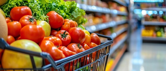 Fresh vegetables in a shopping cart aisle.