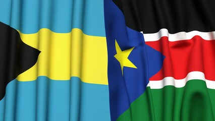 Flags of BAHAMAS and SOUTH SUDAN with realistic cloth texture