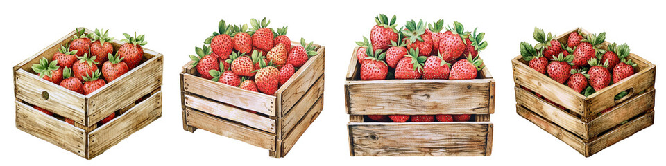 Wooden crates filled with fresh strawberries are arranged row, showcasing vibrant red fruit and green leaves. rustic wooden texture of crates contrasts beautifully with juicy strawberries