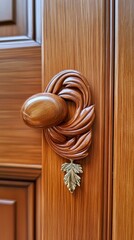 Fototapeta premium Ornate Wooden Door Handle and Leaf Detail
