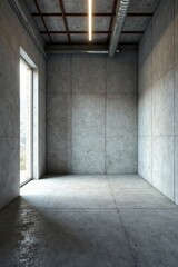 Obraz premium Empty industrial space with concrete walls, a single window, and metallic ceiling fixtures