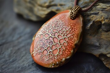 Close up of a handmade ceramic pendant featuring a mesmerizing coral like texture, resting on a natural stone surface