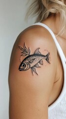 Obraz premium Fish tattoo on female caucasian young adult's arm with white tank top