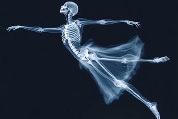 X ray image of a skeleton wearing a tutu and gracefully performing a ballet move, showcasing the skeletal structure in motion