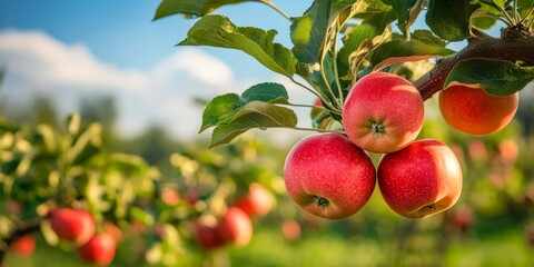 Obraz premium Red apples on an apple tree branch in an orchard against a blue sky on a sunny day, with a background of green trees and grass