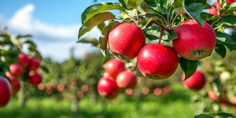 Obraz premium Red apples on an apple tree branch in an orchard against a blue sky on a sunny day, with a background of green trees and grass