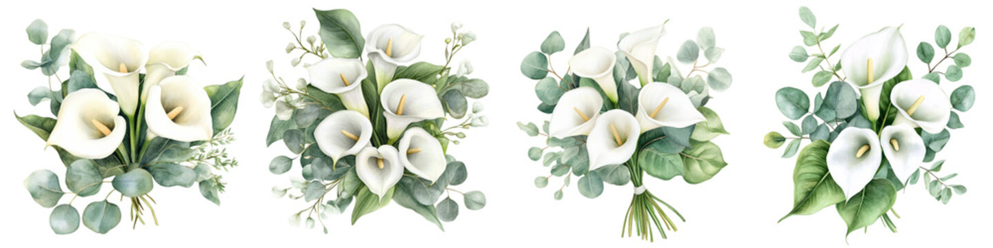 Elegant white calla lily bouquets with lush green leaves and eucalyptus branches, beautifully arranged in series of four floral compositions