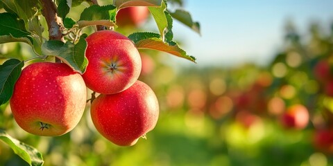 Obraz premium Red apples on an apple tree branch in an orchard against a blue sky on a sunny day, with a background of green trees and grass