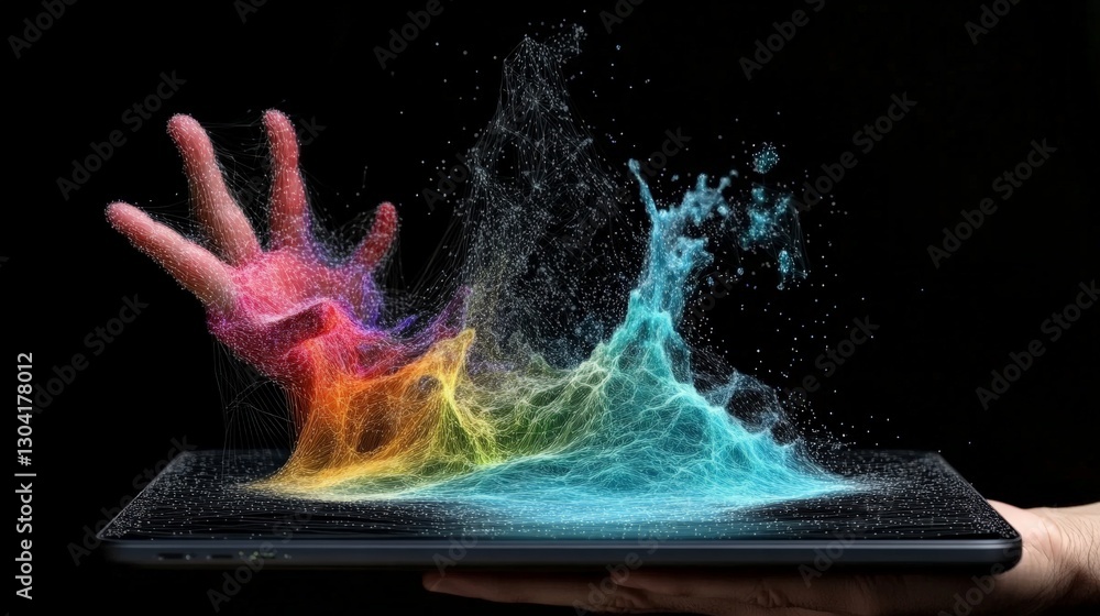 Poster colorful splash effect emerging from a digital device in dark setting