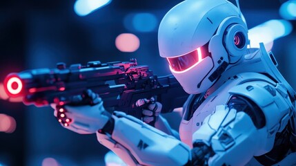 Fototapeta premium Futuristic robot soldier aiming a weapon in a neon-lit urban setting