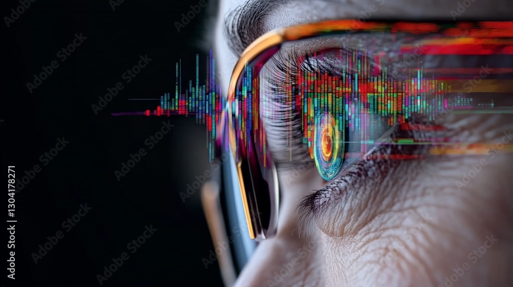 Poster close-up of eye with digital data visualization reflections