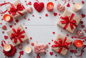 Romantic Gifts, Warmth, And Love. Wrapped Presents On Wood, With Candles. Heart Decorations Create A Sweet. And Playful Pattern. Celebratory.