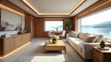 Fototapeta premium Luxurious Yacht Interior Design Serene Living Space with Ocean View and Modern Furnishings