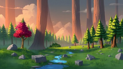 Enchanting Sunset in a Redwood Forest with a Crimson Maple Tree