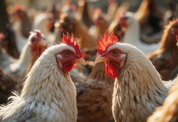Fototapeta premium Chickens interacting in a lively farmyard setting during daylight