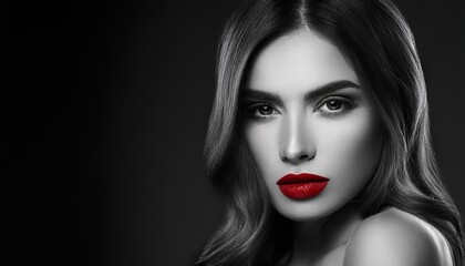 Fototapeta premium Elegant woman with striking red lips and mesmerizing gaze poses for a stunning monochrome portrait