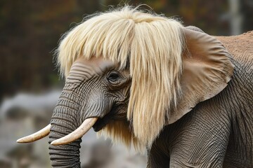 Elephant wearing a long blond wig resembling an afro hairstyle, showcasing its tusks in a natural environment