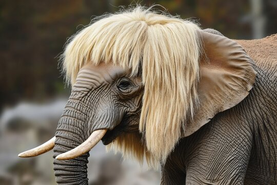 Elephant wearing a long blond wig resembling an afro hairstyle, showcasing its tusks in a natural environment