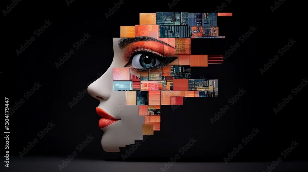 Poster abstract portrait with geometric elements and bold color blocks