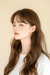 Fototapeta premium Young Woman with Wavy Hair Looking to the Side in a Minimalist Setting