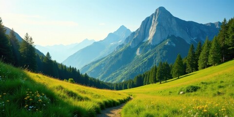 Fototapeta premium Serene Mountain Valley Path, Lush Green Meadow, Wildflowers Blooming, Majestic Peaks, Sunny Day, Tranquil Nature Scene