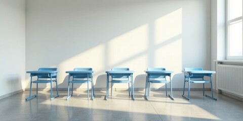 Empty classroom desks await students, bathed in sunlight filtering through a large window, creating a serene and hopeful learning environment