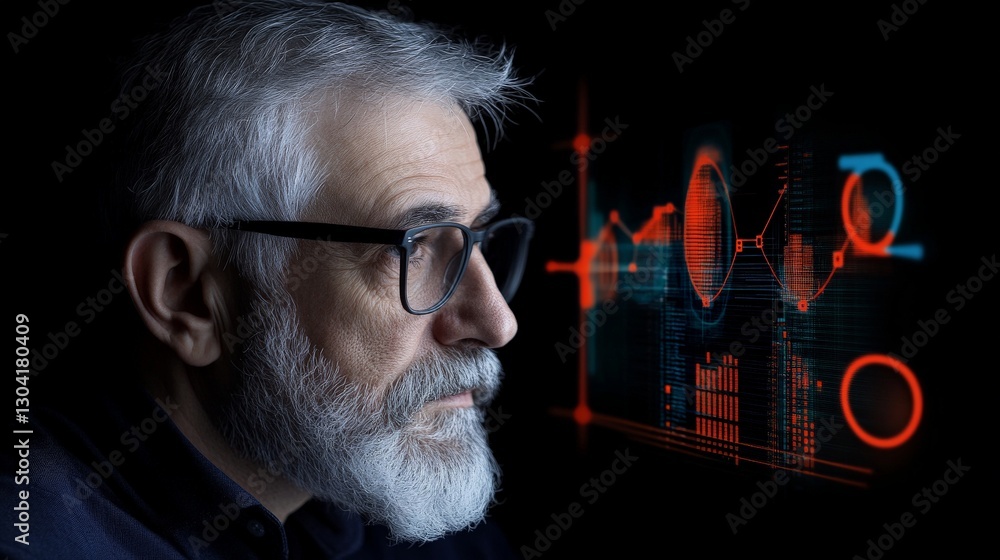 Poster senior man engaged in digital data analysis with graphical elements