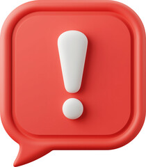 A floating red 3d speech bubble with a bold white exclamation mark. Isolated on transparent background.