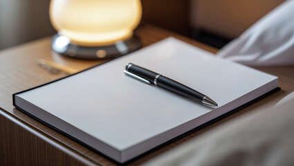 Notebook and pen placed on a bedside table in a cozy bedroom with soft lighting during the evening