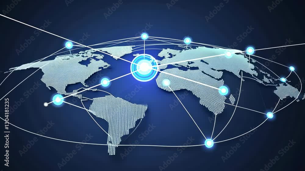Poster digital world map with glowing network connections illustrates global communication and connectivity