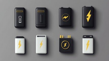 Portable power banks, various designs, gray background, energy storage